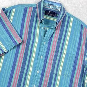 VTG 417 Van Heusen Camp Shirt Mens L Blue Green Pink Striped Oxford Preppy 90s